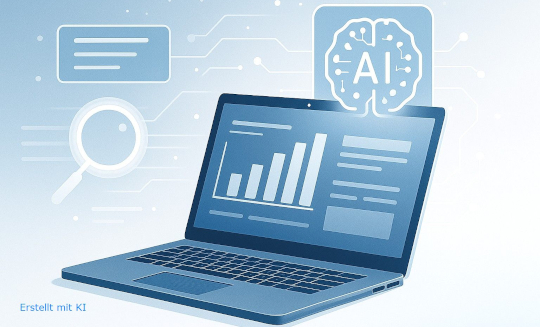 generierte grafische Abbildung KI in Blautönen,  geöffneter Laptop mit Balkendiagramm auf dem Sreen, AI Logo oben drüber, Lupe links daneben